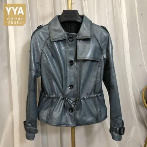Fashion Women Drawstring Waist Short Coat Single Breasted Office Ladies Casual Soft Oil Wax Sheepskin Genuine Leather Jacket 3XL