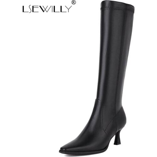 Lsewilly 2021 Womens Knee-High Boots With Square Toe Thin Heel Zipper Soft Microfiber Leather Autumn Winter Boots Size 33-46