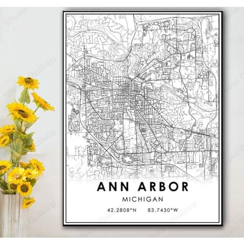 Michigan Ann Arbor Cities Map Poster Map Print Abstract Canvas Paintings Black and White Wall Picture Modern Home Decoration