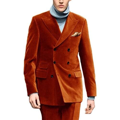 Orange Mens Velvet Suit Jacket 2 Piece Double Breasted Suit Groom Tuxedos Slim Fit Wedding Suits (Blazer+Pants)