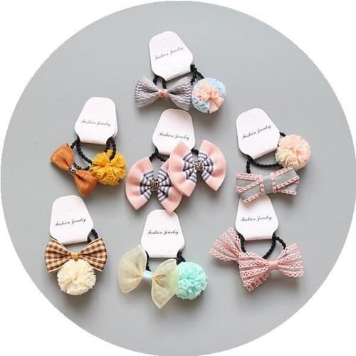 Set of 2pcs Cute Tot Girls' Bow Hair Ties Set Lace Pom Pom Ball Hair Band Ropes Ponytail Holder Hair Accessories HT085