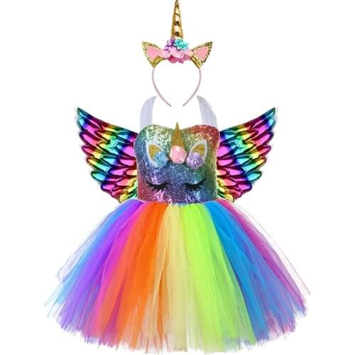 Rainbow Sequins Unicorn Tutu Dress for Girls Birthday Party Clothes Set Kids Halloween Carnival Cosplay Unicorn Costume Outfit