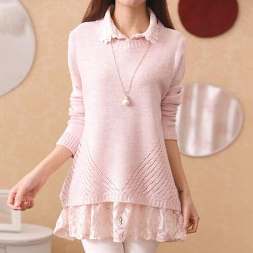 Sweater Women Tops Autumn Winter Loose Lace Stitching Shirt Collar Sweaters Female Long-sleeved Knitted Bottoming Sweater A984