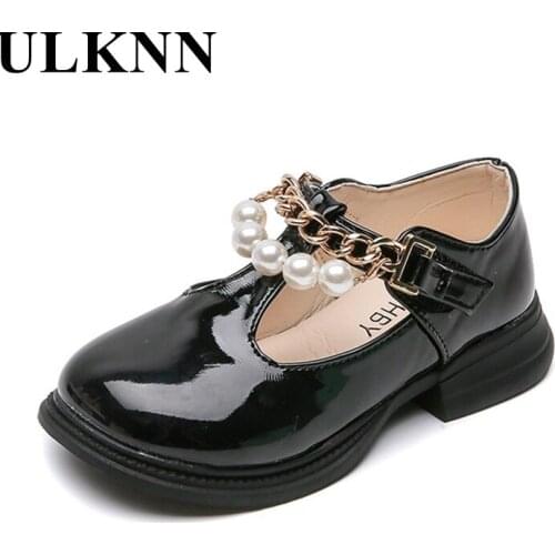 Childrens Leather Shoes Mary Jane Shoes Women Vintage Girls Spring Autumn Princess Shoes Retro Pearl Metal Chain Square Shoes