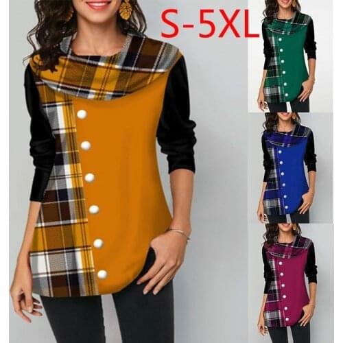 Stitching Plaid Button Decorate Long Sleeve T-Shirt Womens Tops Spring T Shirts Ladies Casual Loose Plus Size Tops Fashion