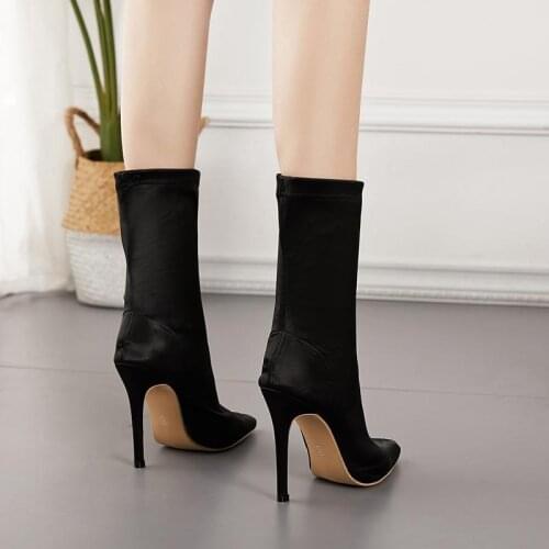 2021 Fashion Women Boots Beige Pointed Toe Elastic Ankle Boots Heels Shoes Autumn Winter Female Socks Boots Size 42