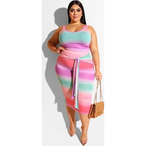 DOIB Sexy Style 5XL Dresses Set Women Outfits Stripe Print Two Piece Dress Suit Tight fitting Bag Hips Large Size Dress