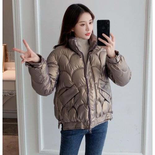 Winter Women Short Cotton Padded Jacket Female Turn Down Collar Warm Coat Plus Size Glossy Zipper Puffer Jacket with Pockets