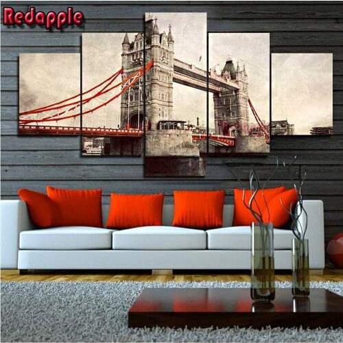 5 Panel Modern Artwork Ancient Style Building Painting diamond painting cross stitch full drill City View mosaic Decoration Home
