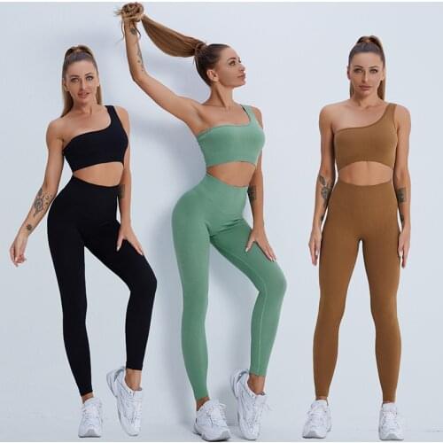 Seamless Set Yoga Sports Running Fitness Suit Tight Quick Dry Hip Fitness Legging Pants One Shoulder Sports Bra Crop Top Clothes