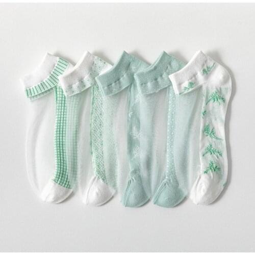 5 Pair Summer Socks Womens Mesh Thin Casual Transparent Cute Green Forest Series Mori Girl Ultrathin Glass Silk Sheer Socks