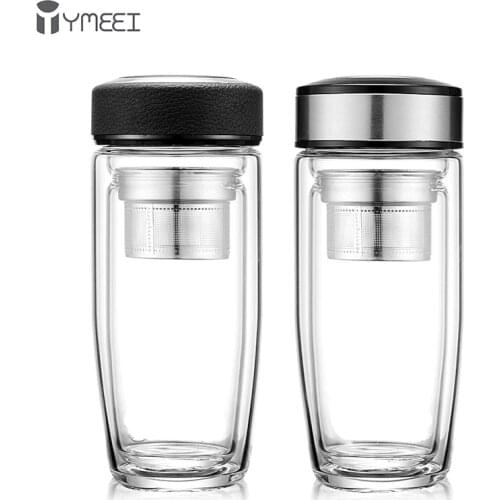 YMEEI 400ML Double Water Bottle Car Mounted Anti scalding Glass Bottle Stainless Steel Filter Tea Tumbler Office Drinkware