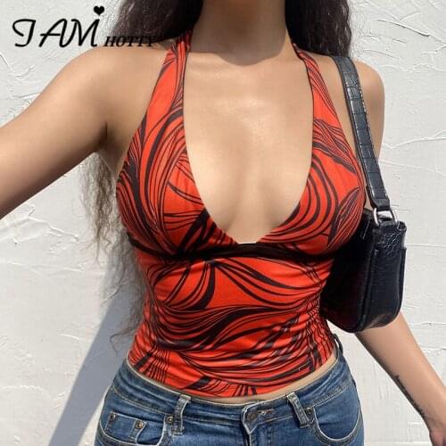 IAMHOTTY Cross Bandage Sexy Paisley Print Camis Women Beach Party Vacation Summer Outfits Vintage y2k Aesthetic Crop Tops Tee