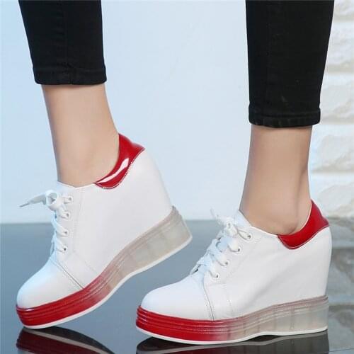 Platform Wedges Vulcanized Shoes Womens Cow Leather Sneakers Lace Up Travel Shoes Female Walking Trainers Casual Tennis Shoes