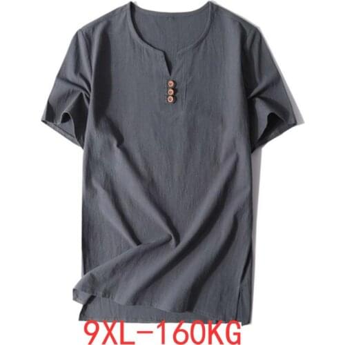 Summer men cotton linen t-shirts short sleeve Chinese style vintage V-neck tees plus size 6XL 9XL 7XL 8XL oversize black Gray