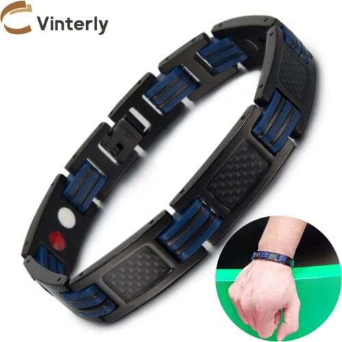 Vinterly Magnetic Men Bracelet Blue Silicone Health Energy Bracelet Male Chain Black Stainless Steel Magnetic Bracelet for Men