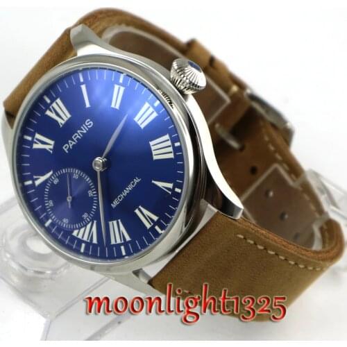 44mm Parnis Royal blue dial luminous 17 jewels mechanical 6497 hand winding movement mens watch men