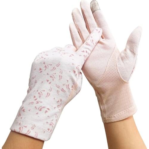 Ladies Summer New Fashion Feather Printing Finger Cotton Breathable Non-slip Sunscreen Touch Screen Gloves for Women