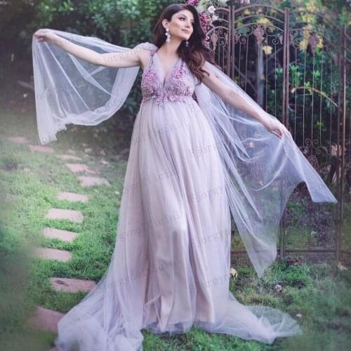 Elegant V-Neck Applique Beaded Maternity Dress for Photoshooting Long Shawl Sleeves Soft Tulle Pregnant Dress for Formal Party