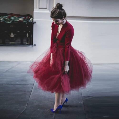 Romantic Wine Red Tulle Skirt Outfit Custom Made Extra Puffy Saia Midi Skirts Womens Burgundy Elastic Waist Lolita Falda Jupe