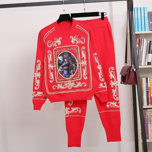 Handwork Rivet Embroidery Knitted Tracksuit Outfits Women Red Black White Sweater Pencil Pants Set Loose Casual Knit Suit Female