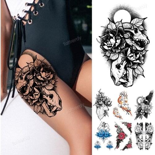 Temporary tattoo sticker women leg thigh arm black sketch flower skull moon sexy tatoo for women girls body art big large tattoo
