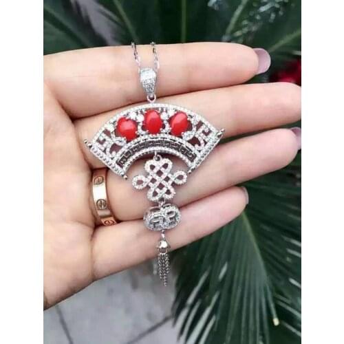 Natural red coral stone brooch S925 silver Natural gemstone brooch Pendant trendy Chinese knot tassel women two wears jewelry