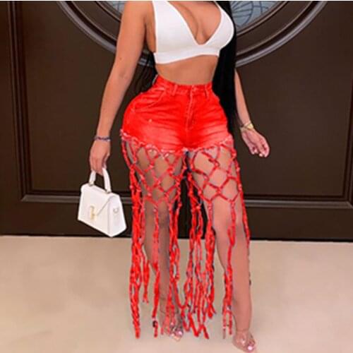 2021 Women Jeans Shorts High Waist Hollow Out Elastic Full Denim Pants Pockets Female Casual High Street Sexy Trousers