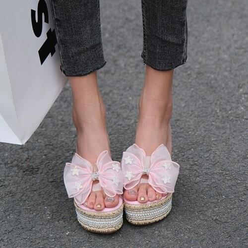 11 Cm Super High Heels Sexy Thick-Soled Ladies Slippers Summer Trend Bow Rhinestone Non-Slip Beach Shoes For Outer Wear