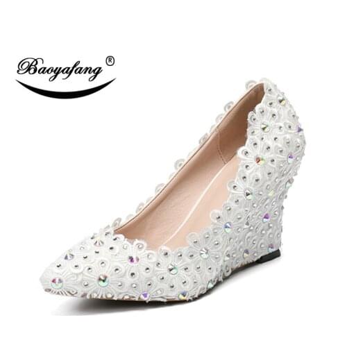 Bao yafang white appliques wedges shoes Wedges ladies shoes woman High heels Pumps 5cm/8cm Bride wedding shoe