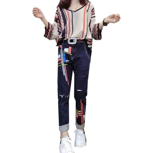 2019 spring women 2-piece Set 3XL large size women long sleeve stripe sweater loose knit top pants two-piece suits denim jeans