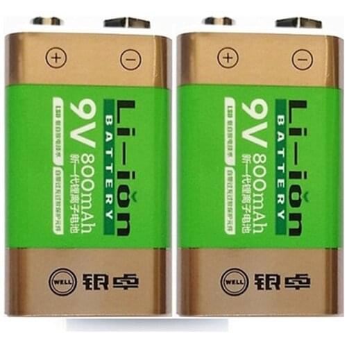 2pcs/lot Hot sale 800mAh lithium ion battery 9 V rechargeable battery for smoke detector wireless microphone