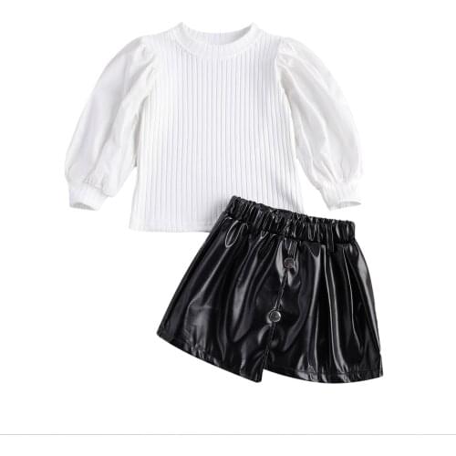 New Fashion Baby Girls 2pcs Outfit Set Puff Long-Sleeve Round Neck Pullover Top+Leather Skirt Suit Children Girls Spring Fall