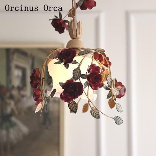 American Pastoral Rose Chandelier Restaurant Balcony Korean Creative Red Flower and Grass Glass Chandelier free shipping