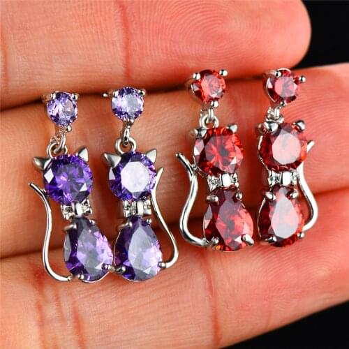 Cute Female Purple Red Stone Stud Earrings Silver Color Wedding Jewelry Boho Small Cat Animal Earrings For Women