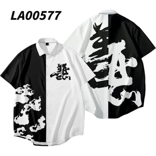 Good Evil Two-Color Splicing Printed Men Short Sleeve Hawaiian Streetwear Male Blouses Tops Japanese Beach Shirts Oversize 6XL