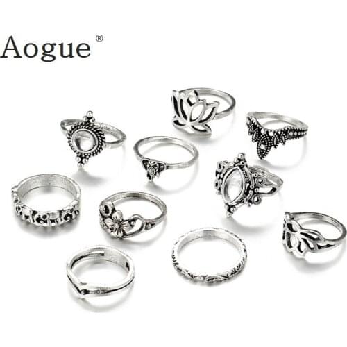 10 Pieces Retro Silver Bohemian Elephant Flower Crown Rings Set Crystal Rhinestone Carved Knuckle Nail Midi Ring Set