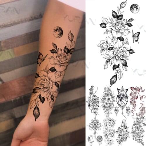 Sexy Butterfly Flower Moon Temporary Tattoos For Women Female Fake Mamba Snake Tattoo Sticker Mandala Party Tatoo Star Planets