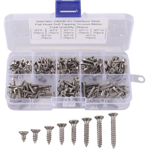 New 200Pcs M3 Stainless Steel Flat Head Screws Kits High Strength Self-Tapping Screws Assortment Set For Wood Furniture