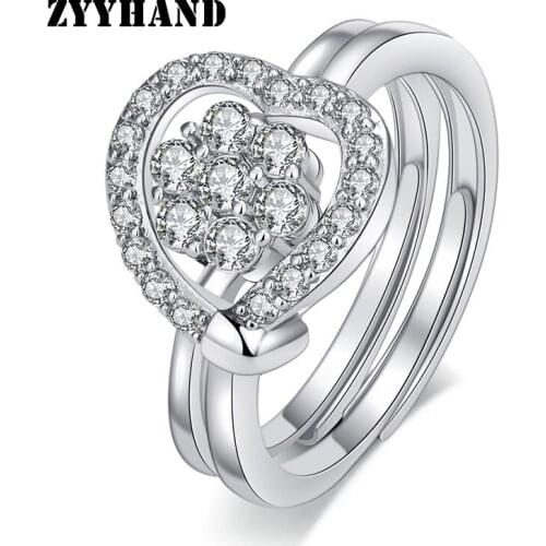 Rhodium-Plated Heart Couple Ring AAA Zircon Luxury Copper Alloy Adjustable Clean Stone Overlapped Romantic Lovers Rings
