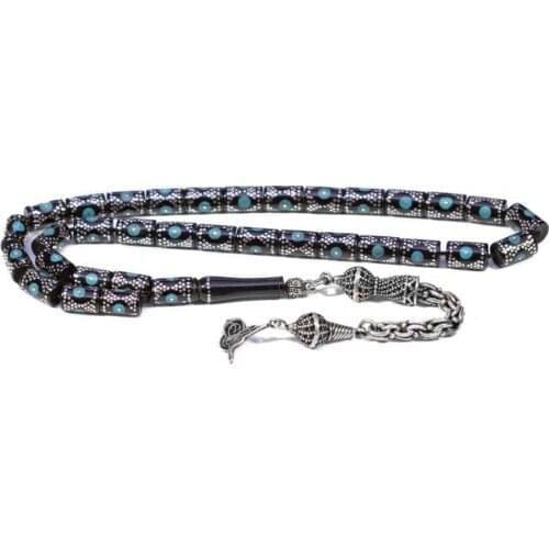 Hourglass Shape Inlaid Jet Rosary (Tasbih) with Chalchuite