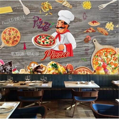 Custom Retro Woodgrain Pizza Theme Wall Paper 3D Cartoon Hand Painted Pizza Fast Food Restaurant Background Mural Wallpaper 3D