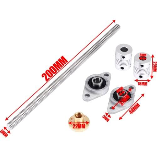 Durable 1Pc 2mm T8 Lead Screw Rod CNC Linear Rail Bar Shaft + 2pcs Coupling + 2pcs Pillow Block with Nut For Mechanical Hardware