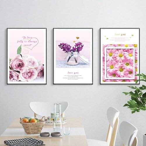 Simple Ins Pink Flower Canvas Painting Gorgeous Rose LOVE YOU Flower Arrangement Art Poster Cuadros Decoracion Salon Home Decor