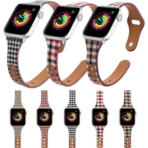 Leather with Denim Plaid Strap for Apple Watch band Series 6 44mm 40mm for iWatch 6 5 4 3 42mm 38mm Bracelet Watchbands