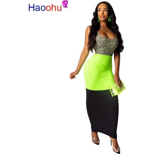 HAOOHU Sexy Leopard Print Bodycon Dress Women Festival Clothes Vestidos Patchwork Side Split Ladies Dress Club Maxi Dresses
