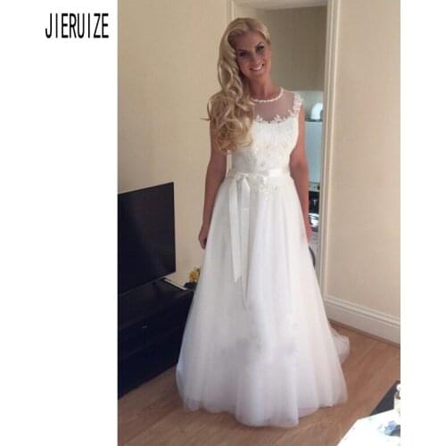 JIERUIZE Fashion Wedding Dress Sheer Neck Cap Sleeves Bow Sash With Appliqued Beaded Custom Made Long Bride Dress mariage