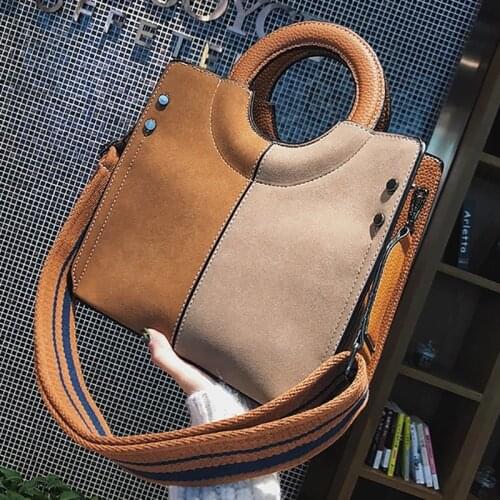 Vintage Nubuck PU Leather Women Luxury Handbags Patchwork Wide Strap Female Shoulder Bag Casual Square Crossbody Totes Bag