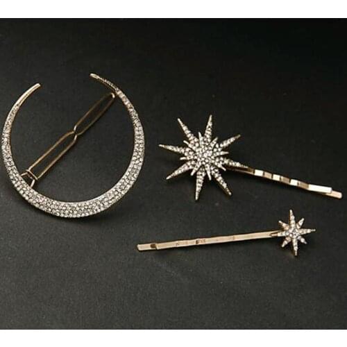 Women Brand Rhinestone Moon Snowflake Star Hair Clips Vintage Alloy Geometric Hair Pin Set Hair Accessories