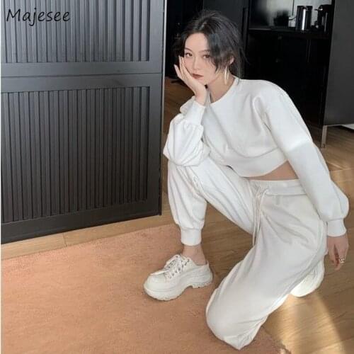 Women Sets New Spring 2 Pieces S-3XL Solid Leisure Simple Korean Style O-neck Tops High Waist Drawstring Trousers Student Female